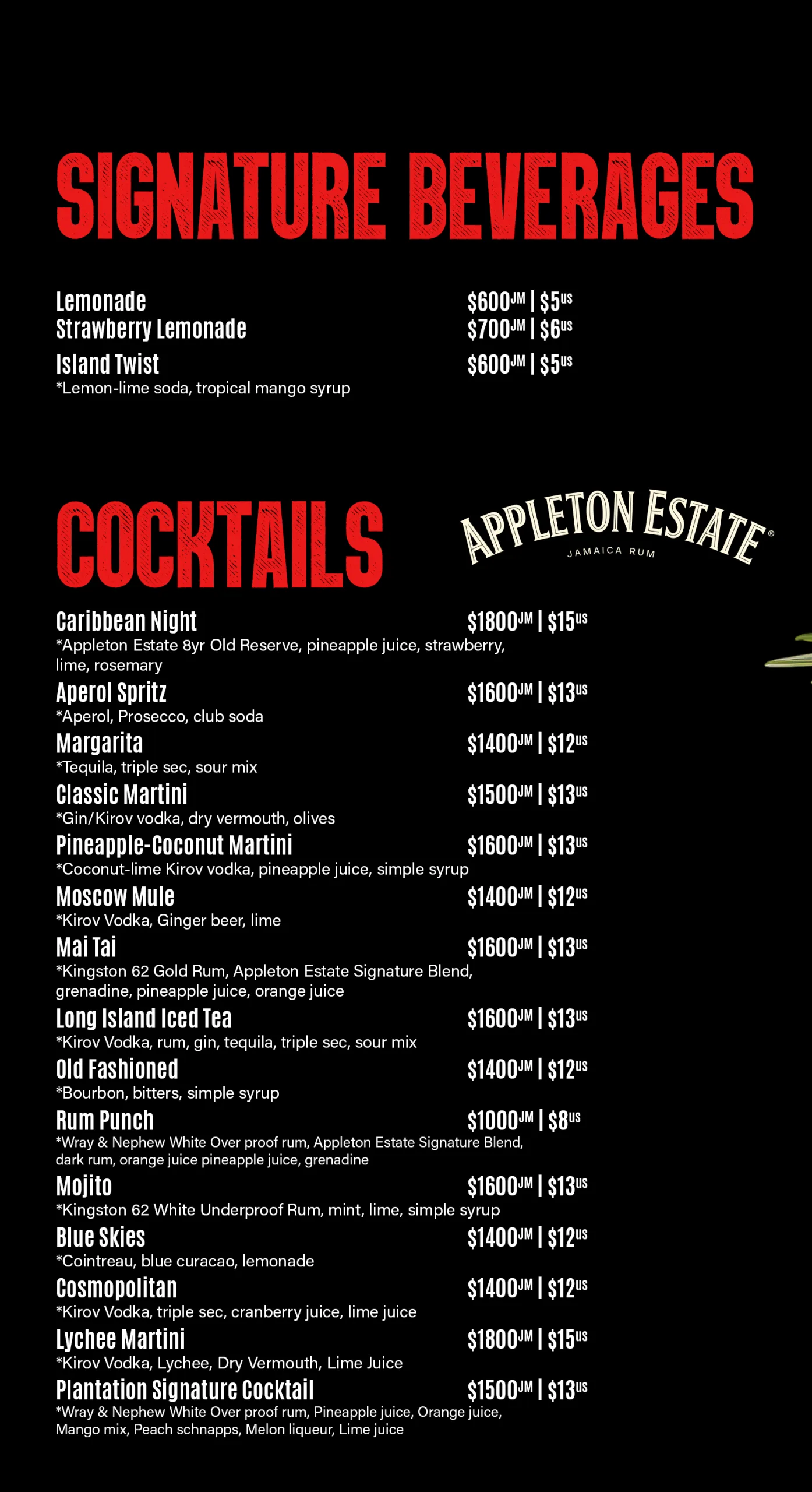 Plantation Smoke House Drink Menu 1
